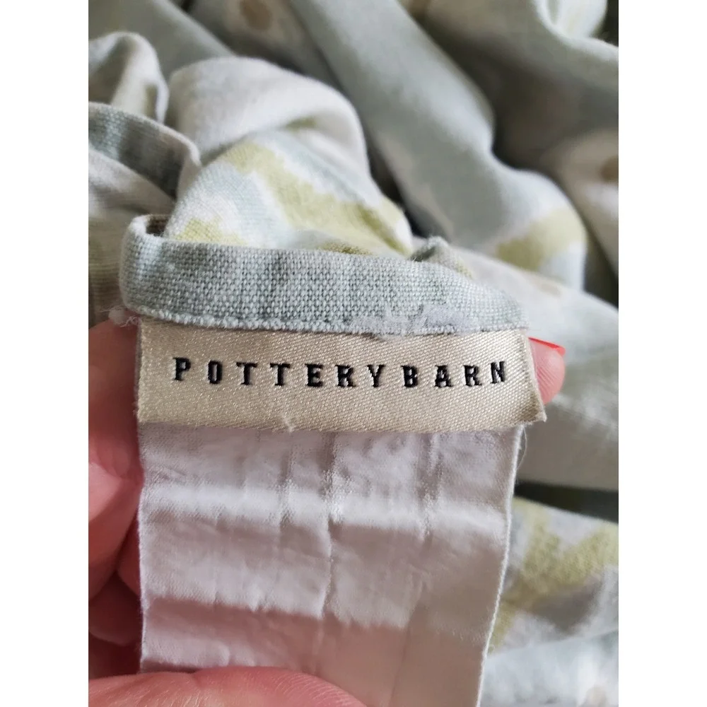 Pottery Barn Queen Duvet Cover & Pillowcase Cotton Linen Ikat Damask Sage‎ Blue